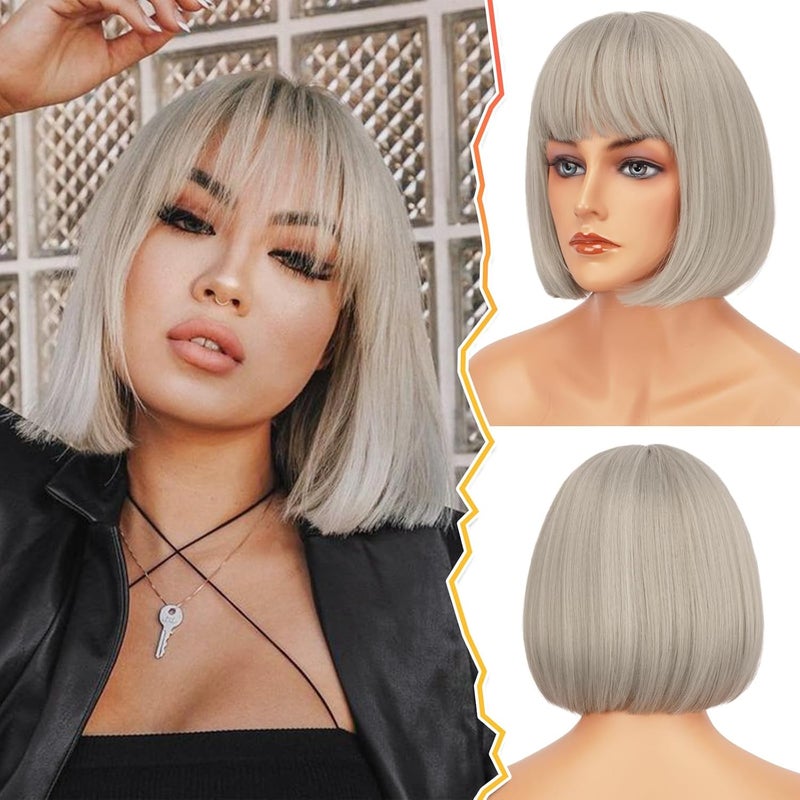 BARSDAR Short Bob Wig With Bangs  12 Inch Gray Short Straight Bob Wig With Bangs for Women  Short Bob Wigs Natural Looking Soft Synthetic Wigs Daily Party Halloween  Grey