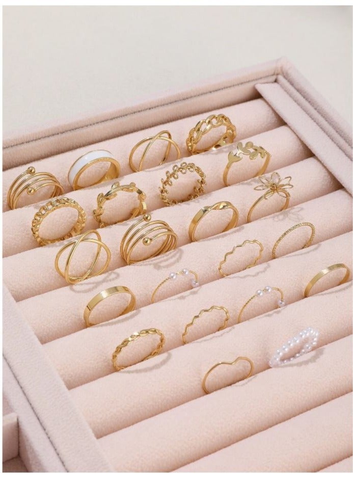 22pcs Bohemian Style Faux Pearl & Vintage Geometric Multi-Element Ring Set, Suitable For Women's Daily Wear - Image 1