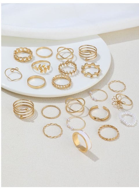 22pcs Bohemian Style Faux Pearl & Vintage Geometric Multi-Element Ring Set, Suitable For Women's Daily Wear