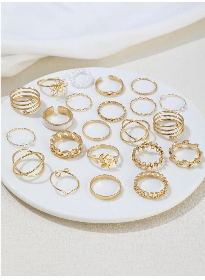 22pcs Bohemian Style Faux Pearl & Vintage Geometric Multi-Element Ring Set, Suitable For Women's Daily Wear - Image 3