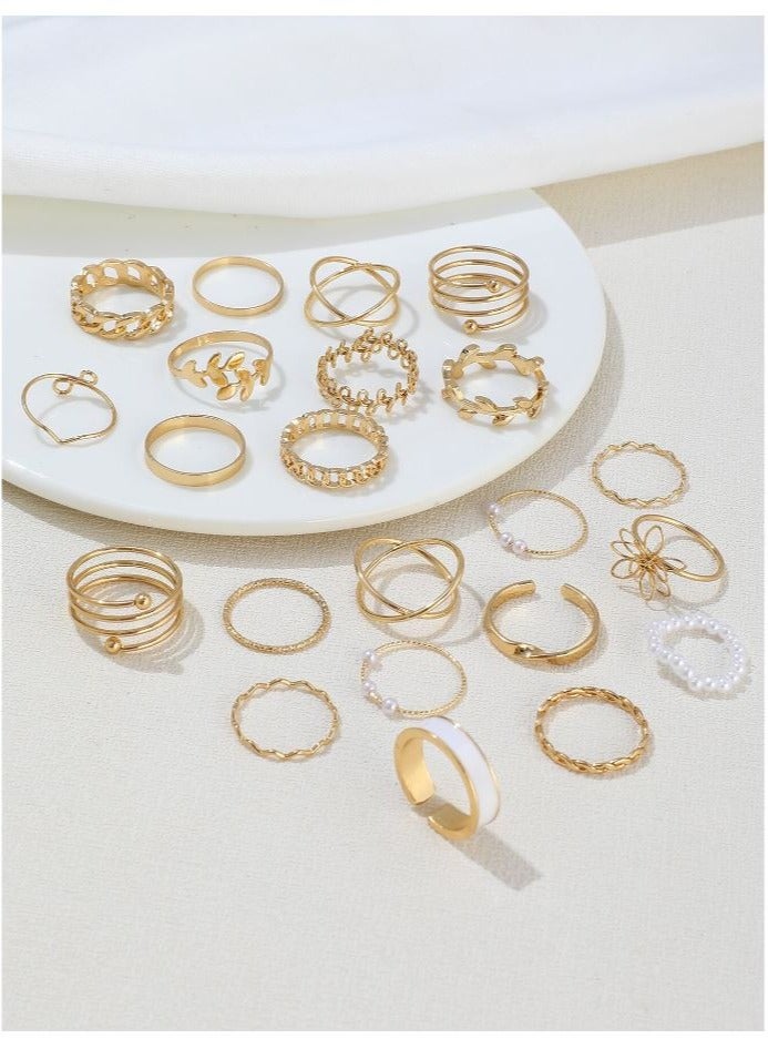 22pcs Bohemian Style Faux Pearl & Vintage Geometric Multi-Element Ring Set, Suitable For Women's Daily Wear - Image 4