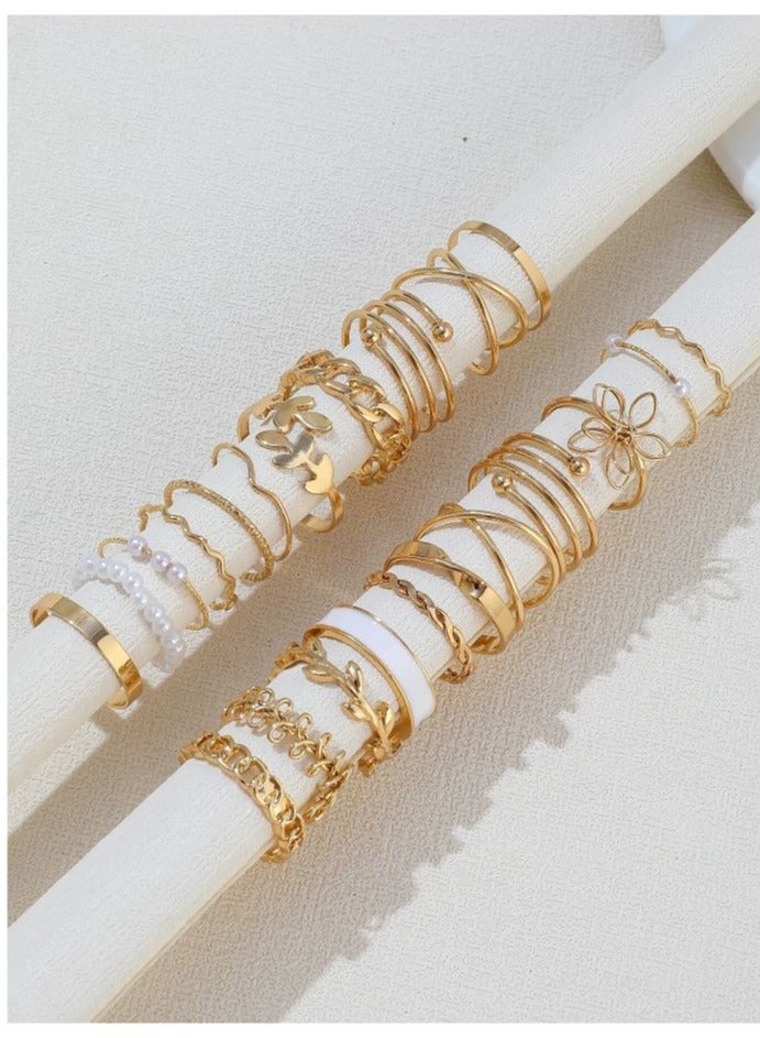 22pcs Bohemian Style Faux Pearl & Vintage Geometric Multi-Element Ring Set, Suitable For Women's Daily Wear - Image 5