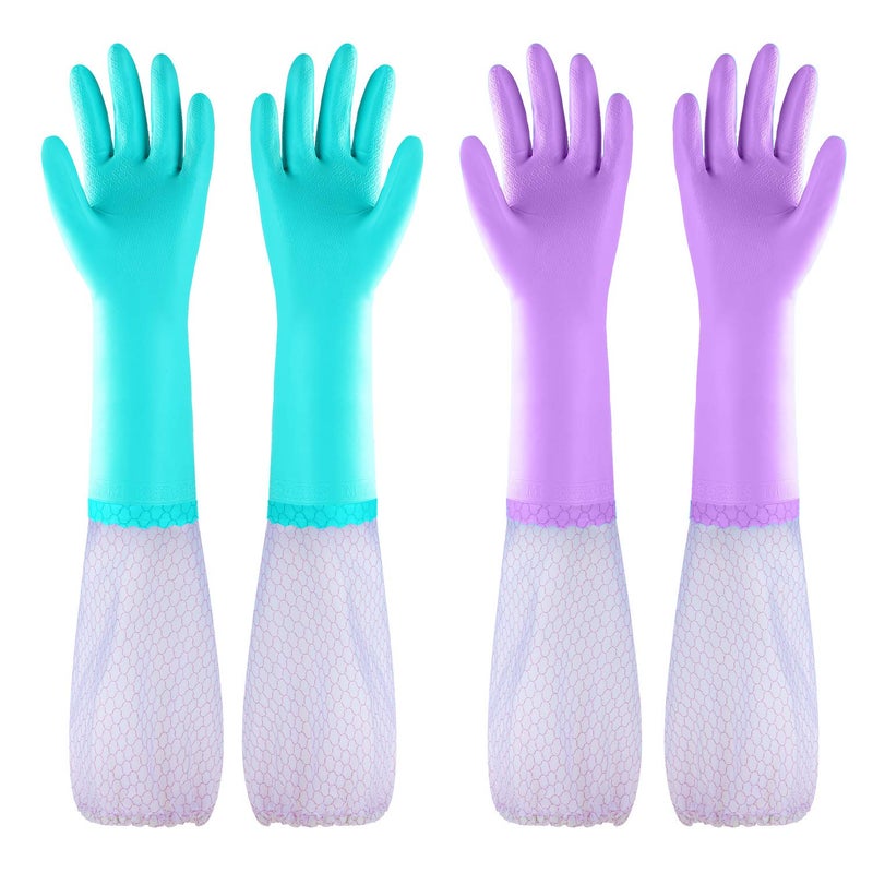 Elgood Reusable Long Sleeve Dishwashing Cleaning Gloves with Latex FreeCotton LiningKitchen Gloves 2 PairsPurpleBlue L