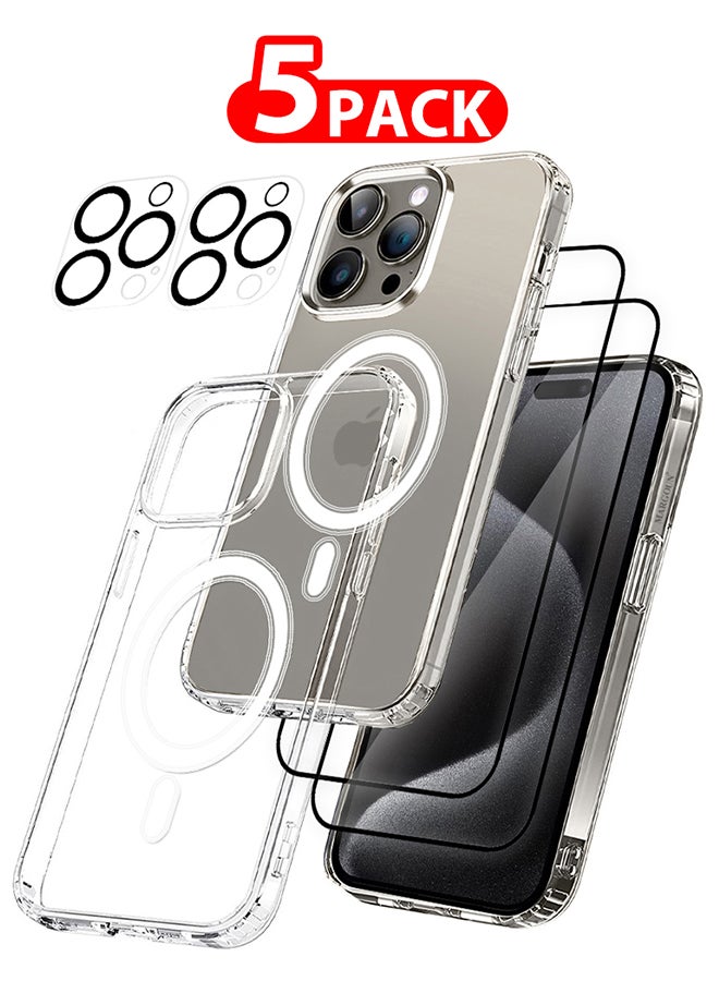 MARGOUN 5 Packs For iPhone 15 Pro Case And 2 Screen Protectors And 2 Camera Lens Protectors Transparent Case MagSafe Compatible With Built-In Magnets Ultra Durable With Military Grade Drop Protection Clear - Image 1