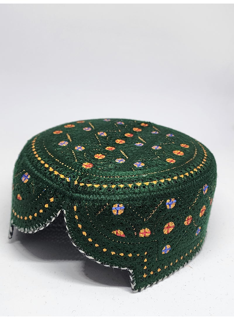 MIRFA Traditional Sindhi Cap Topi Kufi Handmade Woven Embroidery Use By Sindhis in Pakistan Essential Part Of Saraiki And Balochi Culture (ST06.3 - Green (Red And Blue Plus)) - Image 2