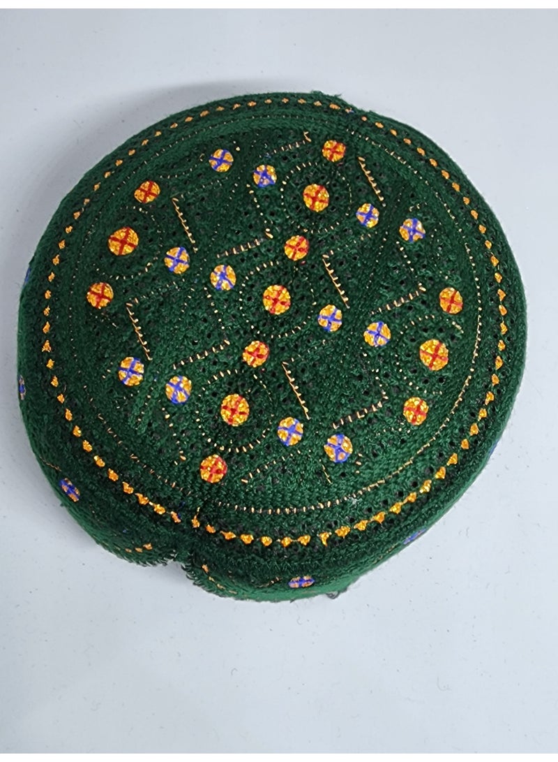 MIRFA Traditional Sindhi Cap Topi Kufi Handmade Woven Embroidery Use By Sindhis in Pakistan Essential Part Of Saraiki And Balochi Culture (ST06.3 - Green (Red And Blue Plus)) - Image 1