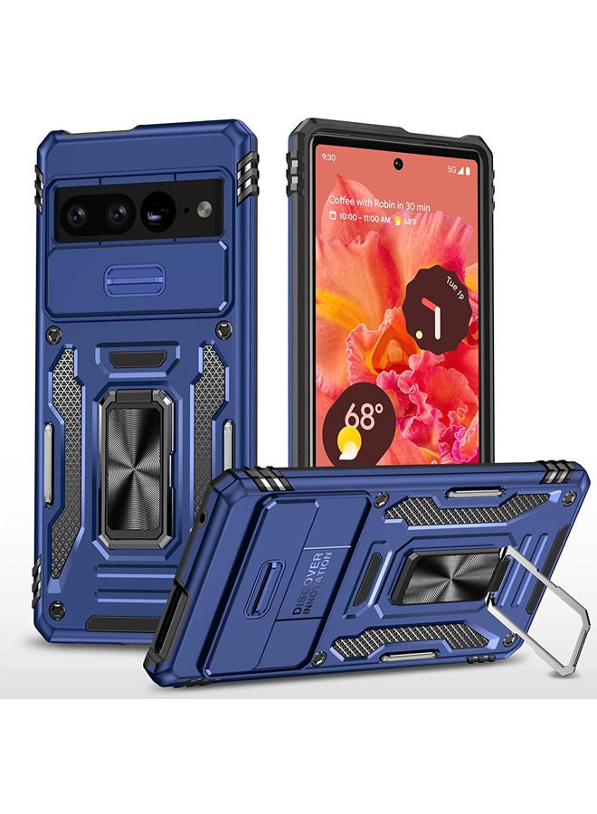 روك بو جراب Pixel 7 Pro مع غطاء للكاميرا ومسند ، جراب واقٍ مغناطيسي مدمج بزاوية 360 درجة وحامل حلقي لهاتف Google Pixel 7 Pro Blue - Image 1