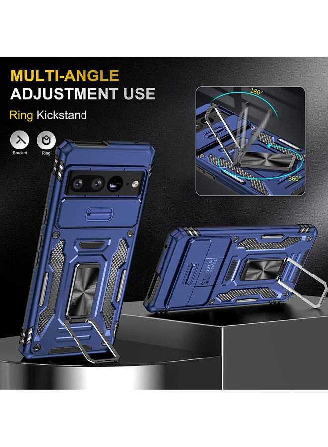 روك بو جراب Pixel 7 Pro مع غطاء للكاميرا ومسند ، جراب واقٍ مغناطيسي مدمج بزاوية 360 درجة وحامل حلقي لهاتف Google Pixel 7 Pro Blue - Image 4