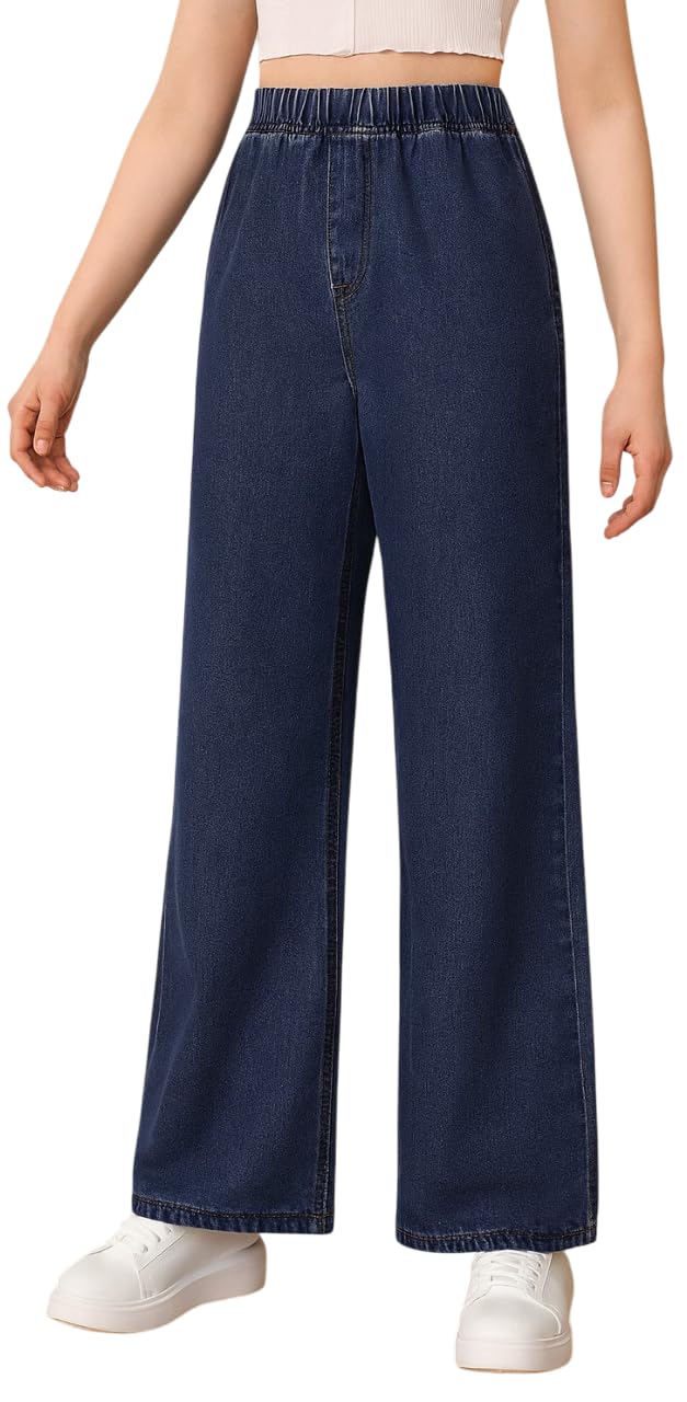 ADBUCKS Girl's Stretch Denim Wide Leg Jeans Comfort Fit with Elastic Waistband, Straight Cut, Casual Style for All Seasons, Versatile Clothing (in, Age, 8 Years, 9 Years, Dxblue) - Image 1