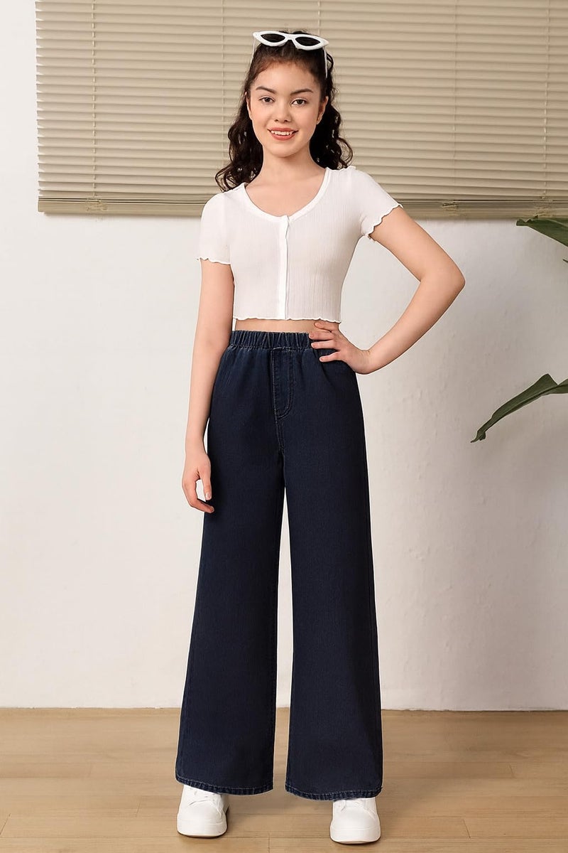 ADBUCKS Girl's Stretch Denim Wide Leg Jeans Comfort Fit with Elastic Waistband, Straight Cut, Casual Style for All Seasons, Versatile Clothing (in, Age, 8 Years, 9 Years, Dxblue) - Image 2