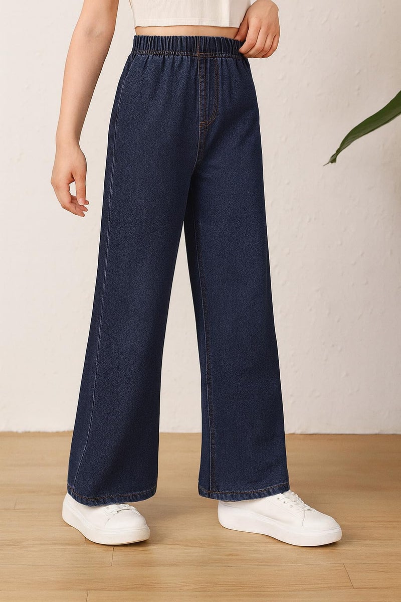 ADBUCKS Girl's Stretch Denim Wide Leg Jeans Comfort Fit with Elastic Waistband, Straight Cut, Casual Style for All Seasons, Versatile Clothing (in, Age, 8 Years, 9 Years, Dxblue) - Image 3