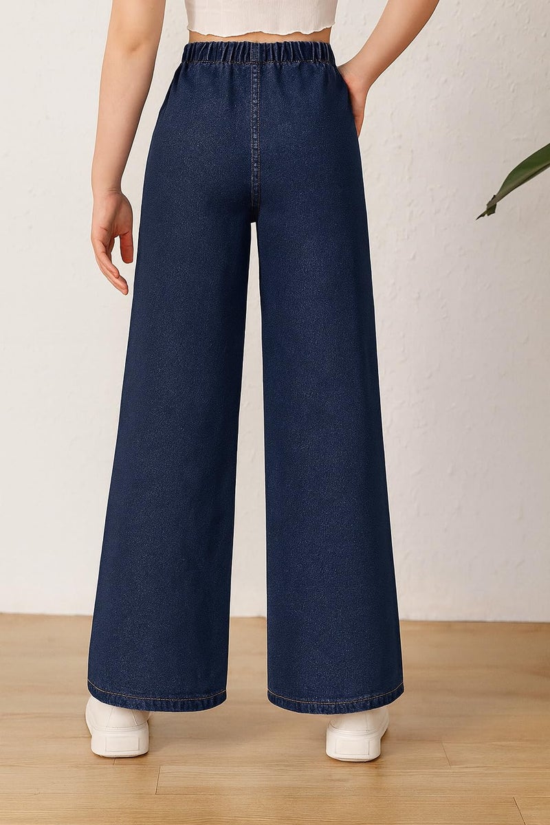 ADBUCKS Girl's Stretch Denim Wide Leg Jeans Comfort Fit with Elastic Waistband, Straight Cut, Casual Style for All Seasons, Versatile Clothing (in, Age, 8 Years, 9 Years, Dxblue) - Image 4