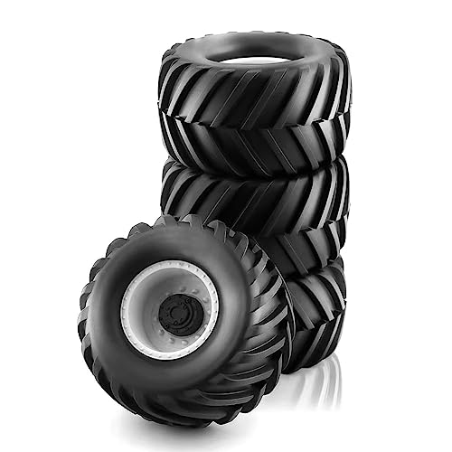 Chanmoo 110 RC Monster Truck Tires and Hard Plastic Wheels Rims 12mm Hex Rubber Buggy Off Road Tyres with Foam for 110 Scale Truck Car Traxxas VXL 2WD Hoss 4x4 HSP HPI Tamiya Kyosho 4PCS White - Image 1