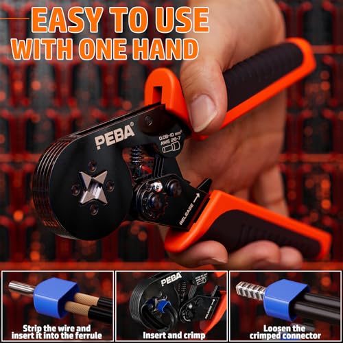 PEBA Ferrule Crimping Tool Kit, 21 Sizes Tinned Copper Wire Ferrules, Square Ratcheting Crimper AWG 28–7, Self-Adjusting Electrical Crimp Tool with Double-Layer Storage Case for Professional Wiring - Image 2