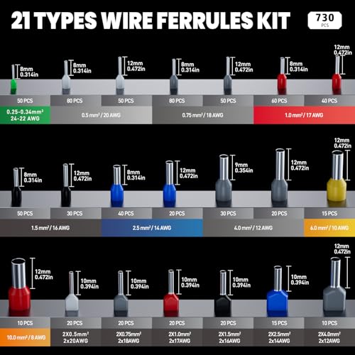 PEBA Ferrule Crimping Tool Kit, 21 Sizes Tinned Copper Wire Ferrules, Square Ratcheting Crimper AWG 28–7, Self-Adjusting Electrical Crimp Tool with Double-Layer Storage Case for Professional Wiring - Image 3