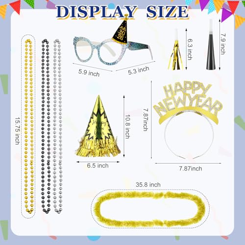 Capoda 384 Pcs New Years Eve Party Supplies 2026 Decorations Kit for 96 Guest with Happy New Year Cone Hat Tiara Headband Glasses Bead Noisemaker Horns Lei Necklace - Image 5