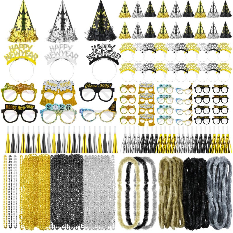Capoda 384 Pcs New Years Eve Party Supplies 2026 Decorations Kit for 96 Guest with Happy New Year Cone Hat Tiara Headband Glasses Bead Noisemaker Horns Lei Necklace - Image 3