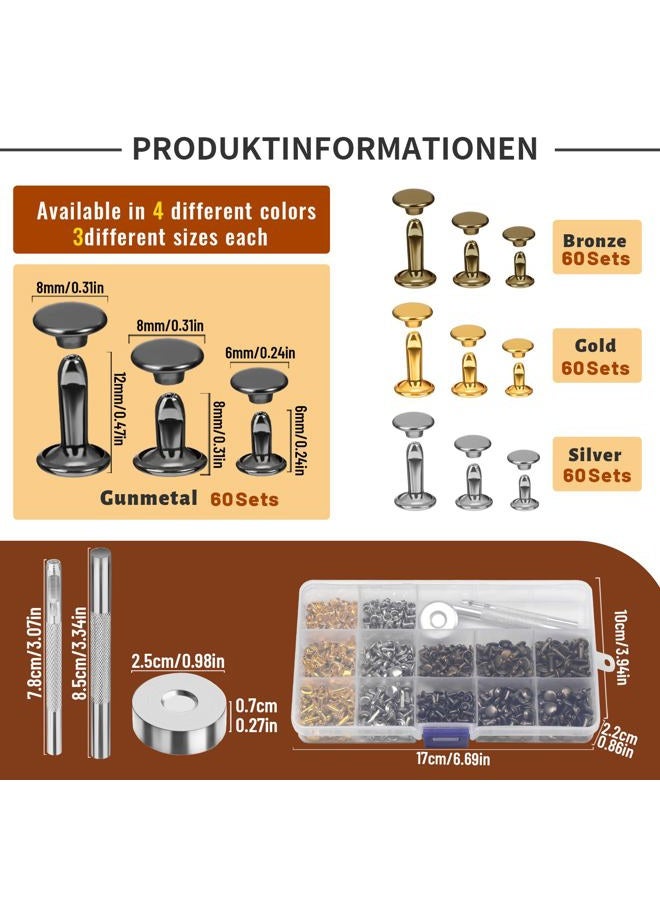 DIUDUS 240 Set Leather Rivets, 4 Colors 3 Sizes Double Cap Rivet, Rivets for Leather with 3 Pcs Setting Tools for Leathercrafting Repair Decoration DIY Project - Image 2