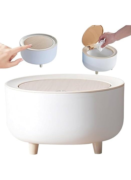 Minitul Trash Can Push Button Mini Desktop Dustbin With Lid Creative Waste Bin Kitchen Storage Organizer Plastic Garbage Cleaning Organizer White Dustbin with Wood Grain Foot WHITE ROUND po1  - Image 1