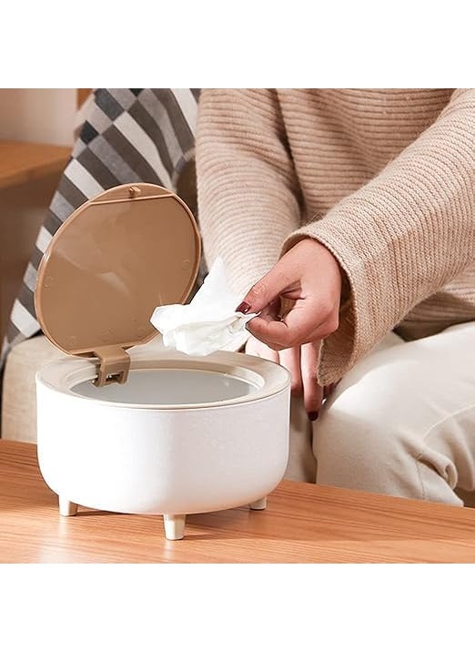 Minitul Trash Can Push Button Mini Desktop Dustbin With Lid Creative Waste Bin Kitchen Storage Organizer Plastic Garbage Cleaning Organizer White Dustbin with Wood Grain Foot WHITE ROUND po1  - Image 4