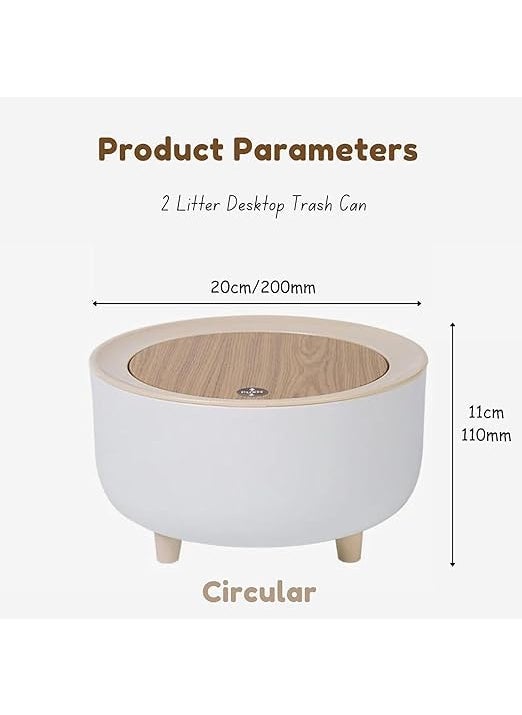 Minitul Trash Can Push Button Mini Desktop Dustbin With Lid Creative Waste Bin Kitchen Storage Organizer Plastic Garbage Cleaning Organizer White Dustbin with Wood Grain Foot WHITE ROUND po1  - Image 2