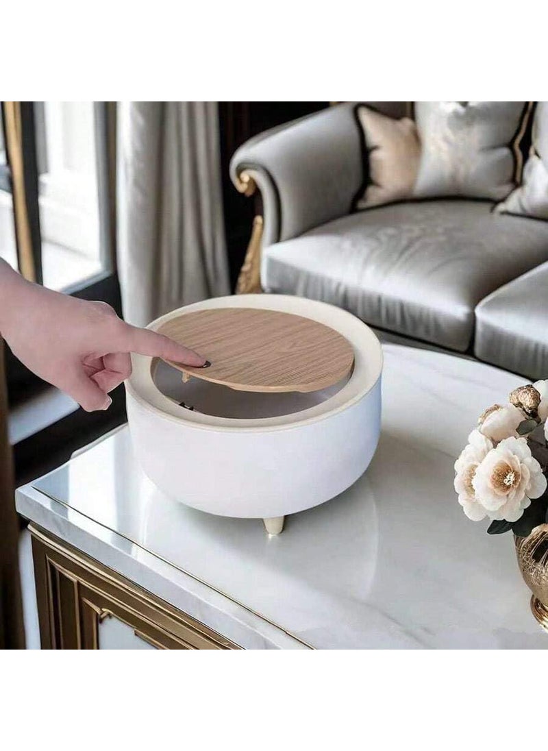 Minitul Trash Can Push Button Mini Desktop Dustbin With Lid Creative Waste Bin Kitchen Storage Organizer Plastic Garbage Cleaning Organizer White Dustbin with Wood Grain Foot WHITE ROUND po1  - Image 3