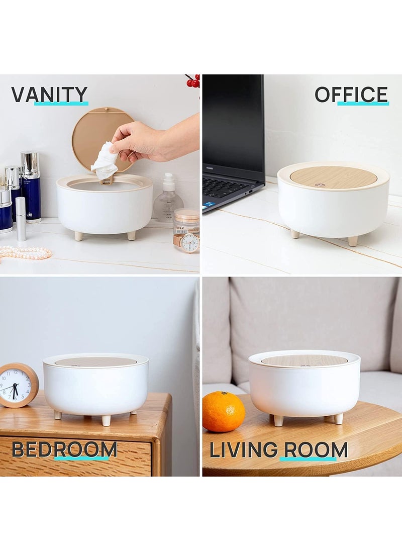 Minitul Trash Can Push Button Mini Desktop Dustbin With Lid Creative Waste Bin Kitchen Storage Organizer Plastic Garbage Cleaning Organizer White Dustbin with Wood Grain Foot WHITE ROUND po1  - Image 5
