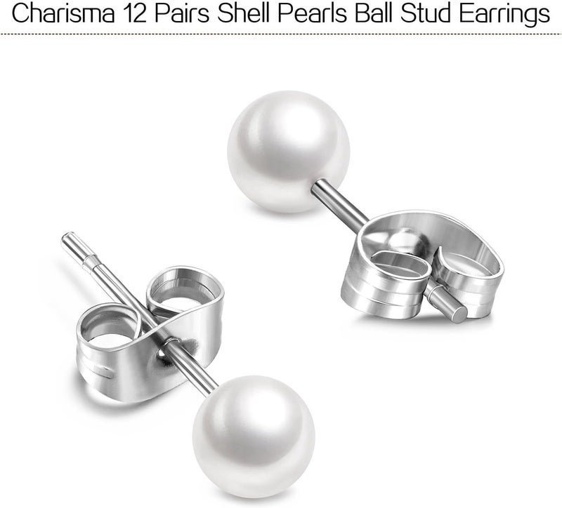 Charisma 6mm Composite Pearl Earrings Round Ball Pearls Stud Earrings Hypoallergenic 12 Pairs Imitation Pearl Earrings Set for Women - Image 2