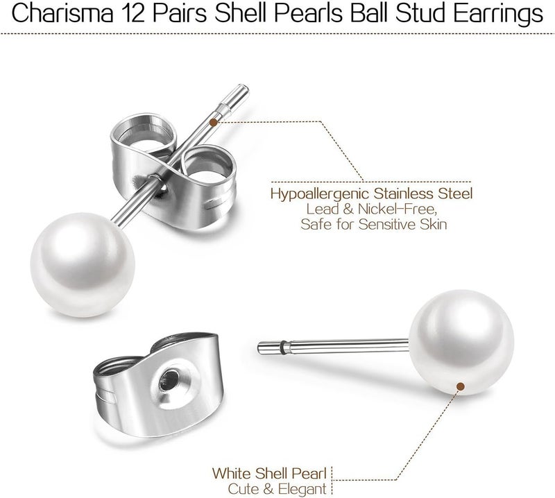 Charisma 6mm Composite Pearl Earrings Round Ball Pearls Stud Earrings Hypoallergenic 12 Pairs Imitation Pearl Earrings Set for Women - Image 3