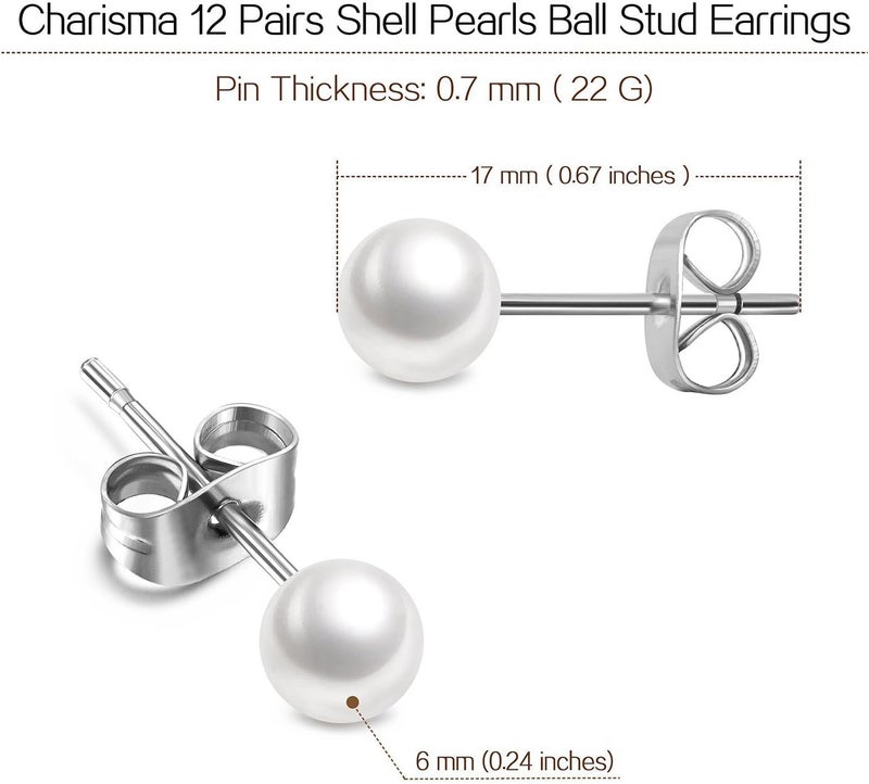 Charisma 6mm Composite Pearl Earrings Round Ball Pearls Stud Earrings Hypoallergenic 12 Pairs Imitation Pearl Earrings Set for Women - Image 4