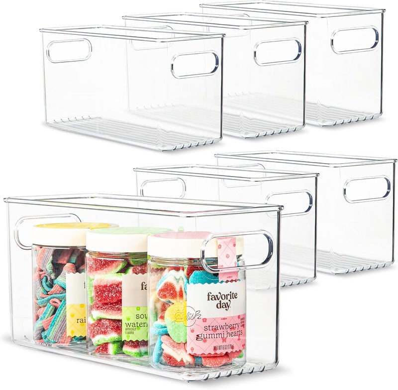 PrimeBox Plastic Food Storage 6 Pack Clear Container Bin with Handles for Organizing Kitchen, Pantry, Refrigerator, Freezer, Pantry, Cabinet, Closet, Bathroom. 10”x4”x5” - Image 1