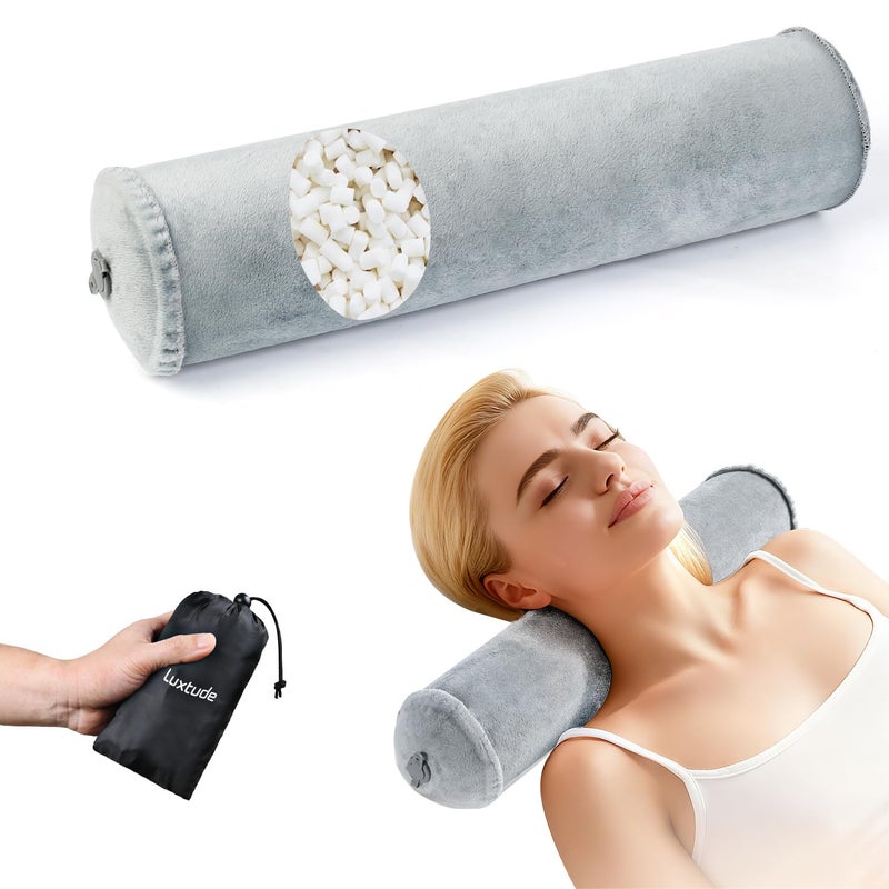 Luxtude Inflatable Neck Roll Pillow for Sleeping, Travel Cervical Pillow for Neck Pain Relief, Cylinder Support Pillows Round Bolster Pillows for Bed, Lumbar Roll, Legs, Back and Yoga (Grey-3.9in) - Image 1