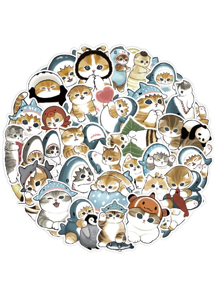 NIBEMINENT 50 Pcs Cartoon Shark Cat Deco Kit Waterproof Stickers, High Definition Printing Bright Colors, Suitable for Laptop Skateboard Luggage Water Bottle Guitar DIY - Image 1