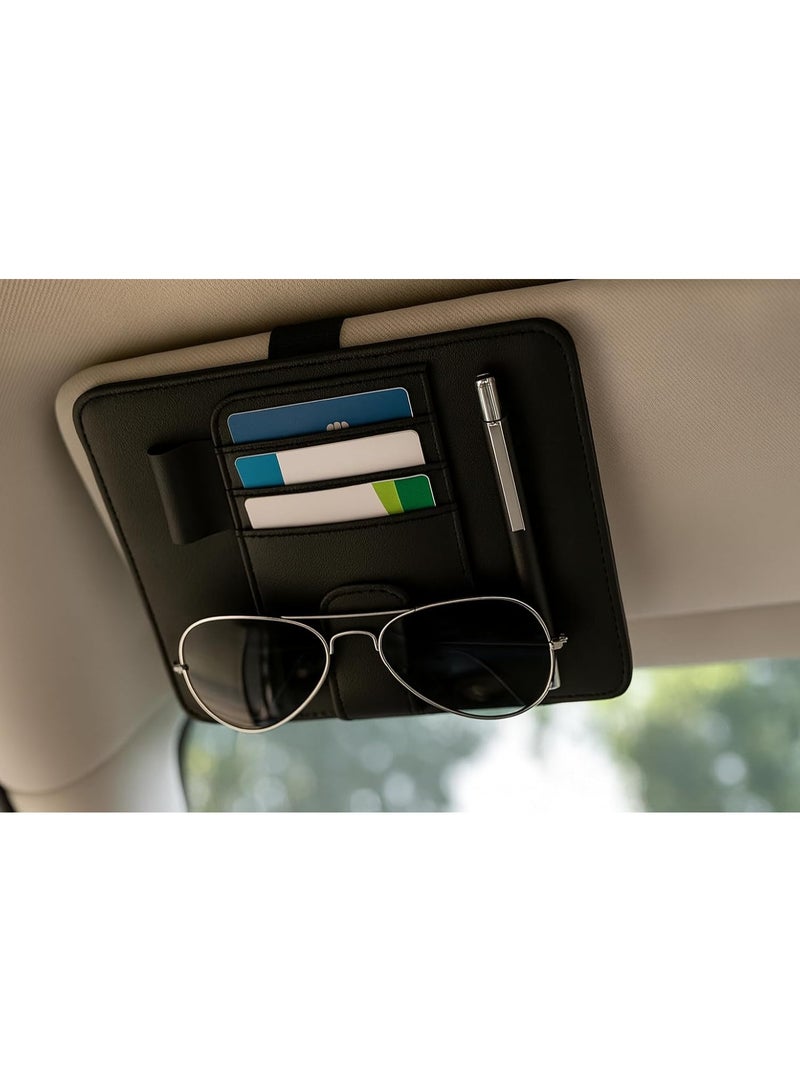 Leather Car Visor Organizer – Leather Sun Visor Storage with Card Slots, Mesh Pocket, Magnetic Sunglasses Clip, and Pen Holder – Universal Fit for Cars and SUV (Black (Small)) - Image 2