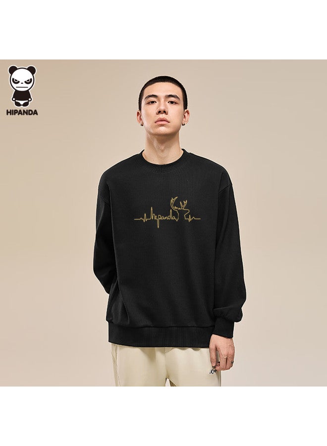 Hipanda Men's Sweatshirt, Autumn Fashion Fleece-lined Versatile American Retro Couple Style, Round Neck Long Sleeve Top, Black XL - Image 1