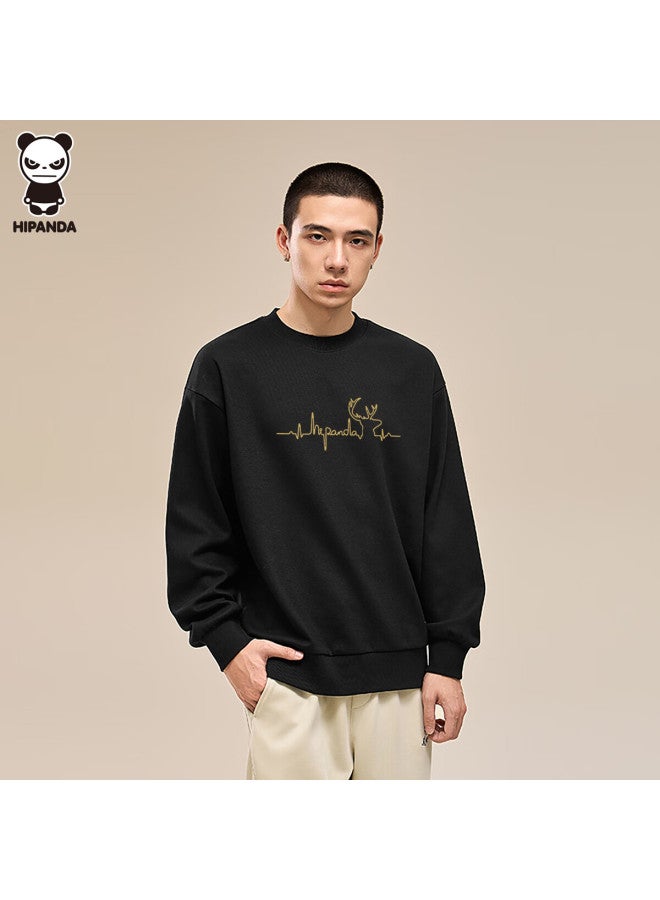 Hipanda Men's Sweatshirt, Autumn Fashion Fleece-lined Versatile American Retro Couple Style, Round Neck Long Sleeve Top, Black XL - Image 4