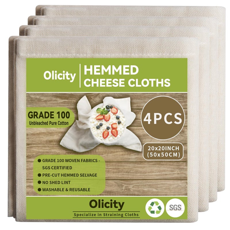 Olicity Cheese Cloths 4PCS Grade 10020x20Inch Hemmed Cheese Cloth Fabric Reusable Fine Mesh Cloth Strainer 100 Cotton Unbleached Precut Muslin Cheesecloth for Straining Cooking ButterTeaTofu