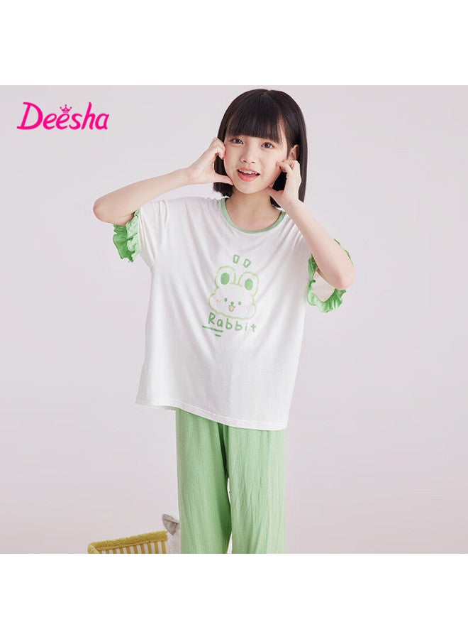 Deesha [ice Silk Smooth] Girls' Spring And Summer Pajamas, 7a Antibacterial Thin Short-sleeve Top And Capri Pants, Air Conditioning Wear, Children's Loungewear - Image 3
