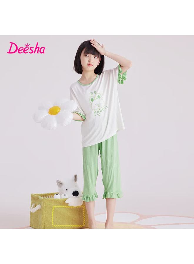 Deesha [ice Silk Smooth] Girls' Spring And Summer Pajamas, 7a Antibacterial Thin Short-sleeve Top And Capri Pants, Air Conditioning Wear, Children's Loungewear - Image 1