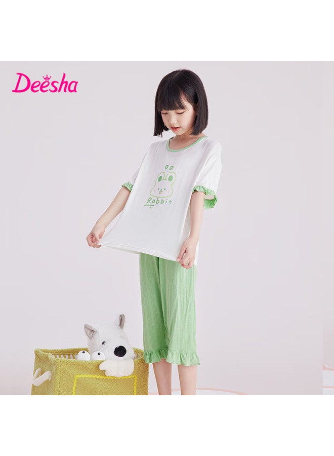 Deesha [ice Silk Smooth] Girls' Spring And Summer Pajamas, 7a Antibacterial Thin Short-sleeve Top And Capri Pants, Air Conditioning Wear, Children's Loungewear - Image 2