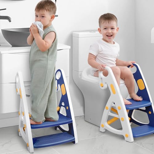 Primlect Potty Training Seat 2in1 Toddler Toilet Seat with Step Stool UltraStable Potty Chair Attachment Adjustable Seat and Step Ladder NonSlip Design Splash Guard for Boys and GirlsBlue