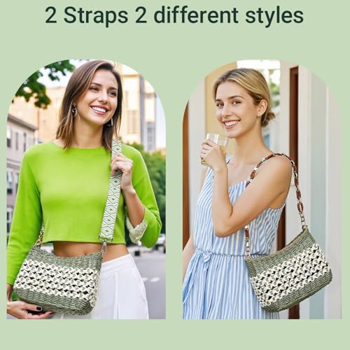 Herald Small Summer Crossbody Bags for Women, Beach Handmade Straw Woven Pocketbooks Handbag Shoulder Purse (Green with Silvery Thread) - Image 2
