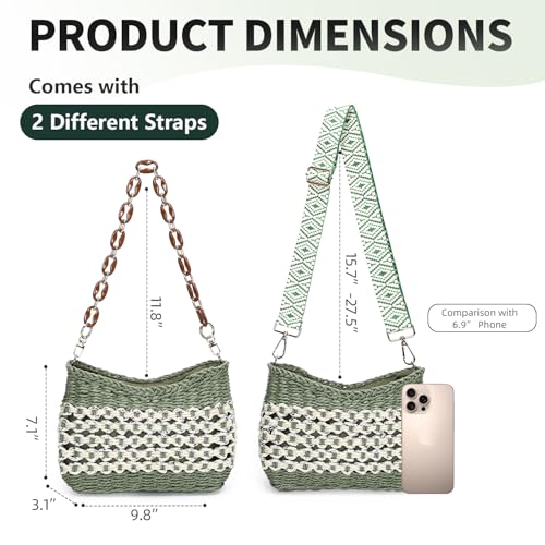 Herald Small Summer Crossbody Bags for Women, Beach Handmade Straw Woven Pocketbooks Handbag Shoulder Purse (Green with Silvery Thread) - Image 4