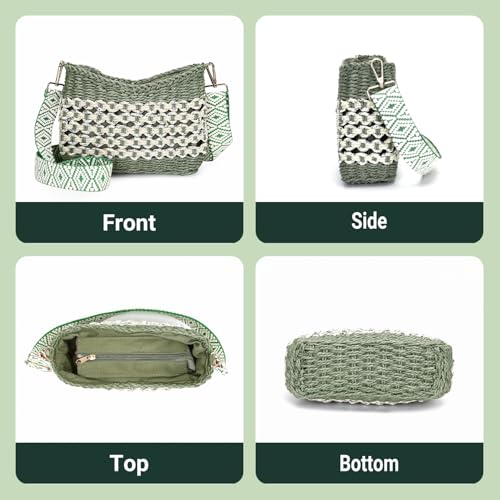 Herald Small Summer Crossbody Bags for Women, Beach Handmade Straw Woven Pocketbooks Handbag Shoulder Purse (Green with Silvery Thread) - Image 3