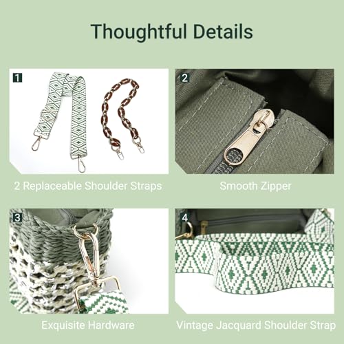 Herald Small Summer Crossbody Bags for Women, Beach Handmade Straw Woven Pocketbooks Handbag Shoulder Purse (Green with Silvery Thread) - Image 5