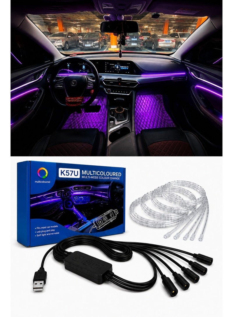 طقم إضاءة LED ليد داخلية للسيارة RGB بطول 7 متر مع تحكم عبر التطبيق USB وإضاءة محيطية - Image 1