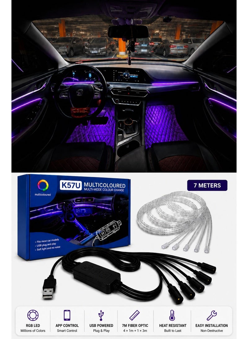 RGB LED Car Interior Ambient Lighting Kit, 7M Fiber Optic Strip, App Control, USB Powered, Multi-Color Interior Lights - Image 1