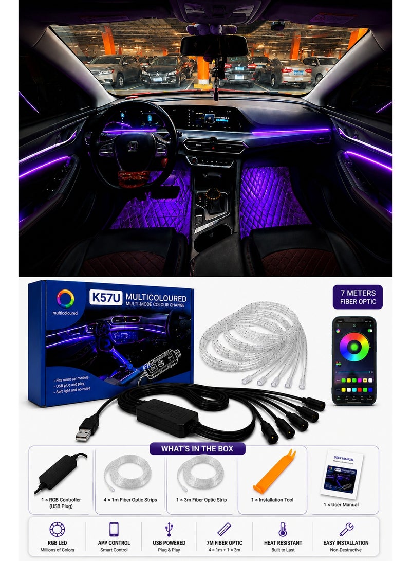 طقم إضاءة LED ليد داخلية للسيارة RGB بطول 7 متر مع تحكم عبر التطبيق USB وإضاءة محيطية - Image 1