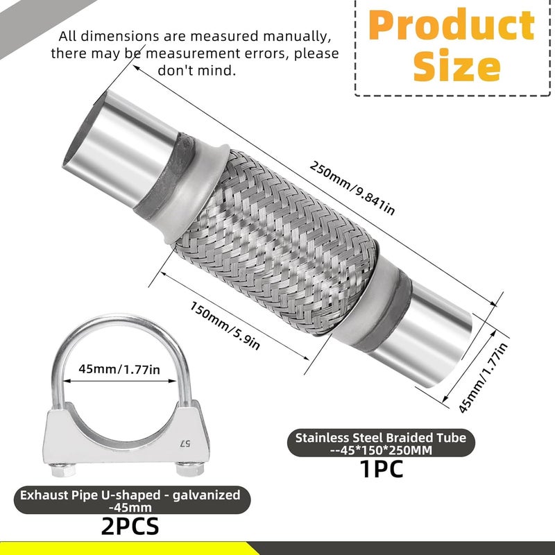 Mardatt 3Pcs Exhaust Flex Pipe, Stainless Steel Exhaust Flex Pipe Double Braid Exhaust Flex Tube U-Bolt Clamp Stainless Steel Muffler U-Bolt Clamps for Cars Trucks Buses Pipes(1.7" x 6" x 10") - Image 2