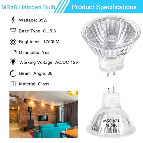 Lacnooe MR16 Halogen Bulb 35W Dimmable 12V GU5.3 Bi-pin Base Spotlight with Long Lifespan, 6 Pack MR16 Bulbs with Clear Glass Cover for Landscape Lights, Track Lights, Fiber Optics, 2700K Warm White - Image 3